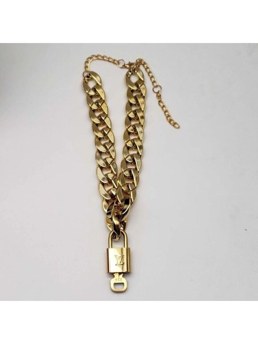 Authentic Louis Vuitton Lock& Key with Unbranded Cuban Style Gold Plated Chain - Picture 10 of 11